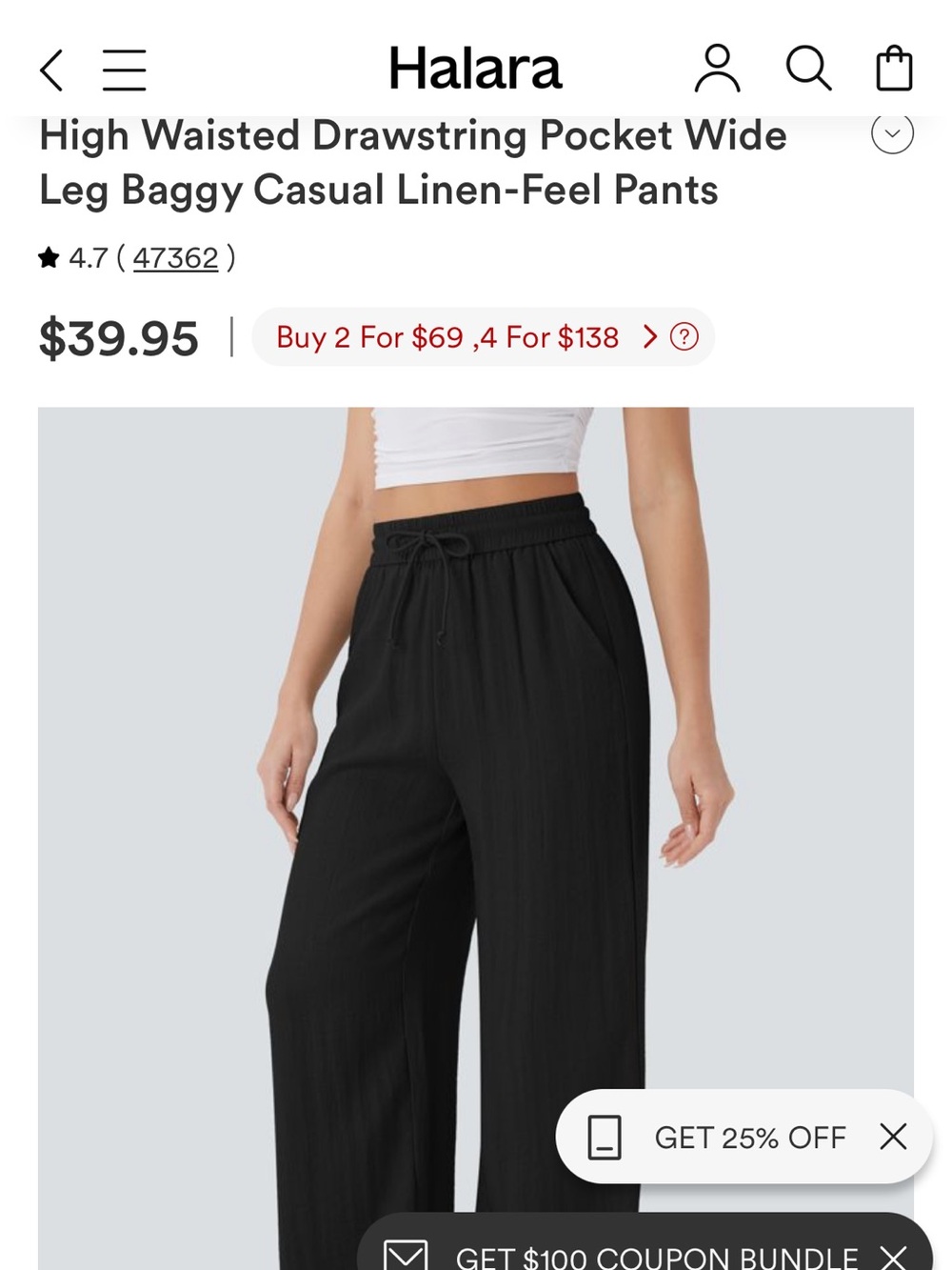 HALARA Black High-Waisted Wide Leg Drawstring Pants
